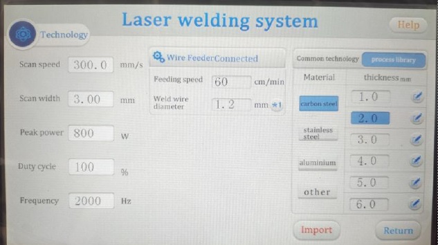 Panel ustawień parametrów spawania laserowego